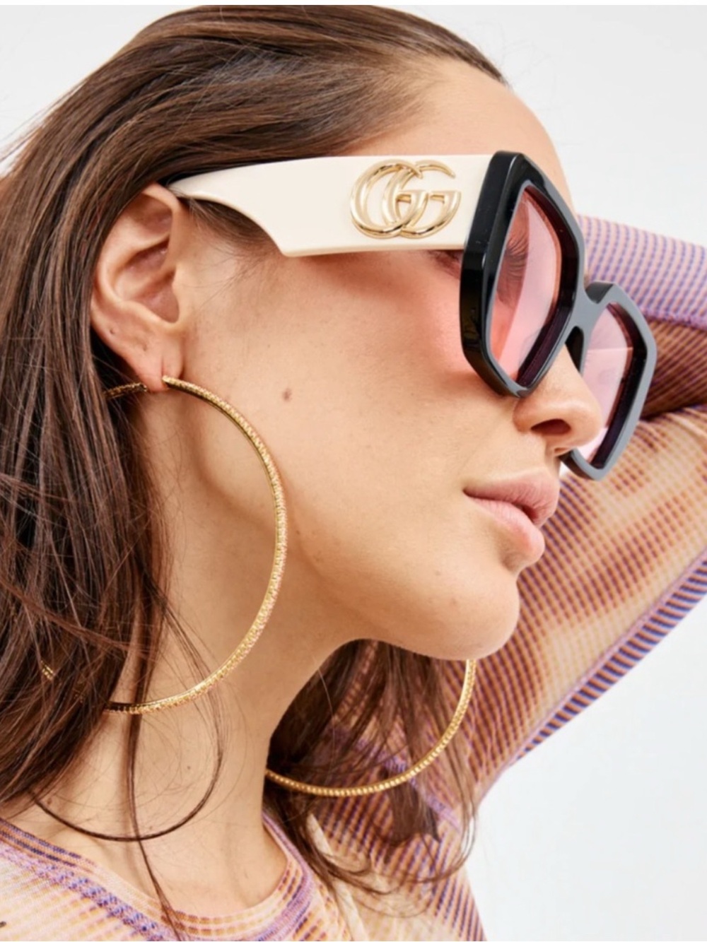 Gucci Black Front White Temples Sunglasses with Pink Lenses